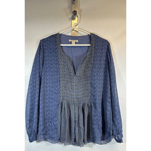 COLDWATER CREEK Blouse Womens Sz PM (10-12) Peasant Pintuck Embellished Blue D14